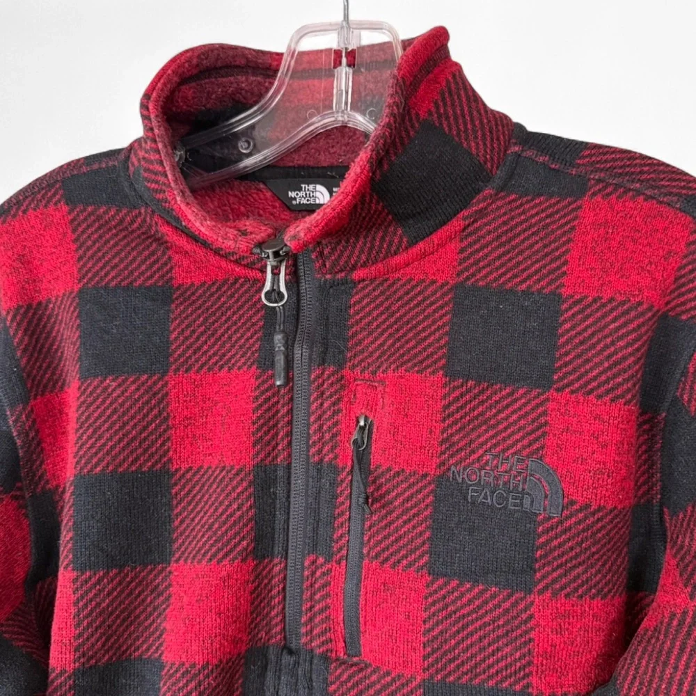 North Face Mens Small Red Black Buffalo Plaid Fleece 1/4 Zip Pullover Cozy